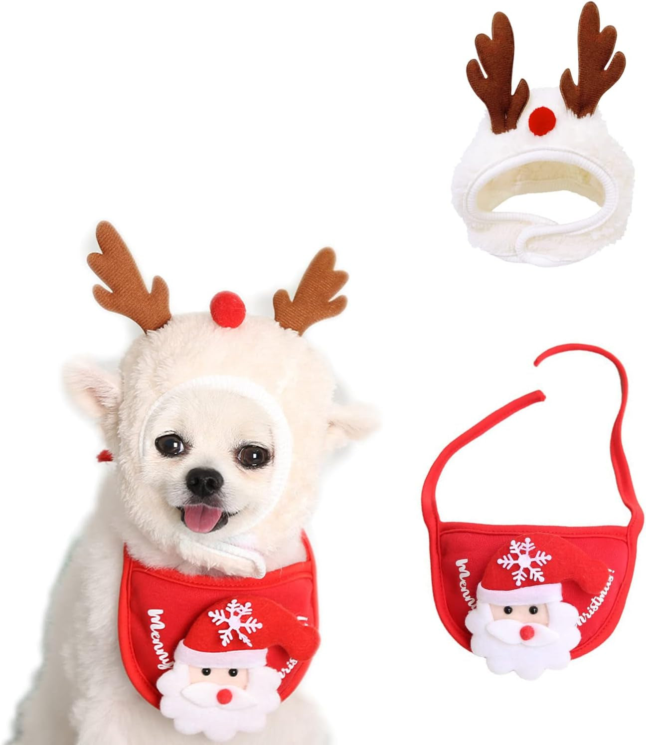 2PCS Christmas Adjustable Pet Christmas Costume Set Including Reindeer Antlers Headband (Red)