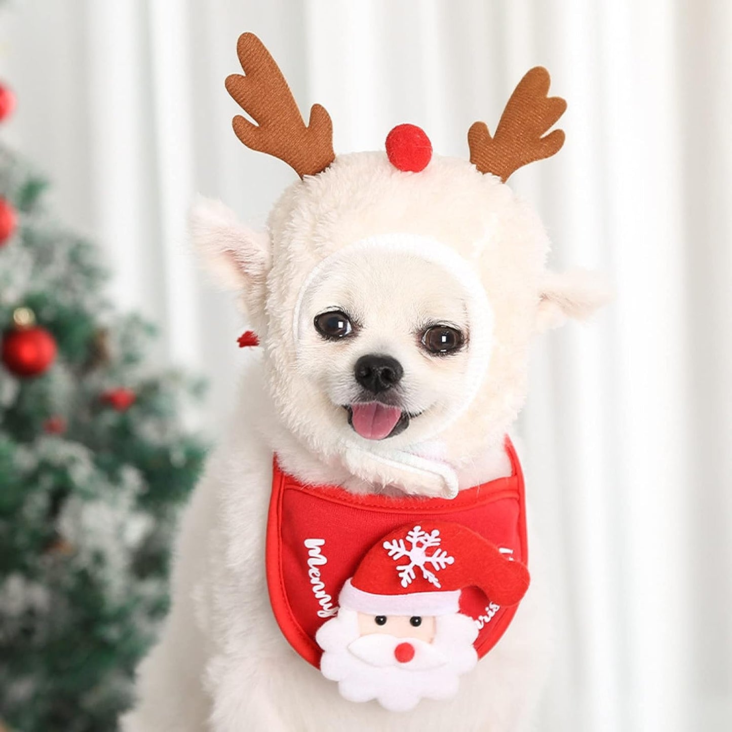 2PCS Christmas Adjustable Pet Christmas Costume Set Including Reindeer Antlers Headband (Red)