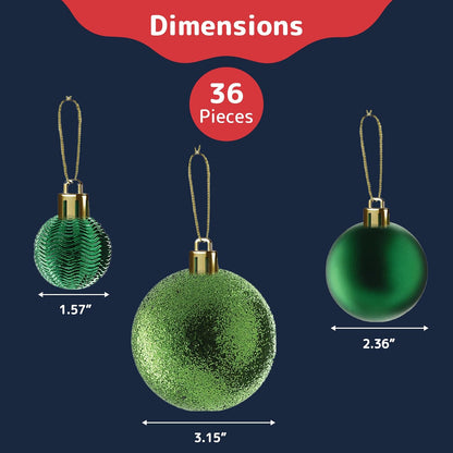 Green Christmas Ornaments - Set of 36 Shatterproof Christmas Ornaments in 6 Styles